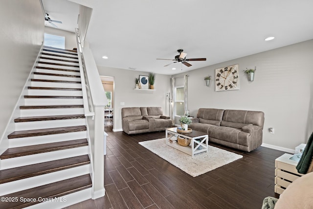 739 Fiddleleaf Cir, Melbourne, FL 32904 - living area featuring a ceiling fan, stairs, dark wood-style flooring, and recessed lighting