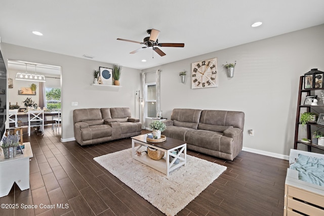 739 Fiddleleaf Cir, Melbourne, FL 32904 - living room featuring dark wood-style floors, ceiling fan, and recessed lighting