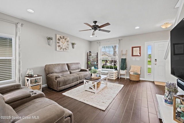 739 Fiddleleaf Cir, Melbourne, FL 32904 - living room with a ceiling fan, dark wood-style flooring, and recessed lighting
