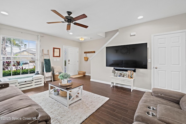 739 Fiddleleaf Cir, Melbourne, FL 32904 - living room featuring a ceiling fan, dark wood-style floors, and recessed lighting