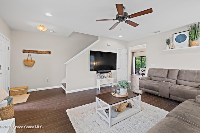 739 Fiddleleaf Cir, Melbourne, FL 32904 - living room with ceiling fan, wood finished floors, stairway, and recessed lighting