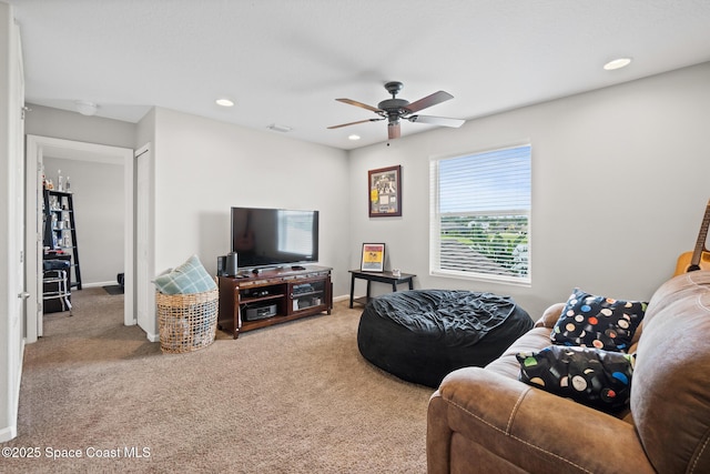 739 Fiddleleaf Cir, Melbourne, FL 32904 - living room featuring ceiling fan, carpet flooring, and recessed lighting