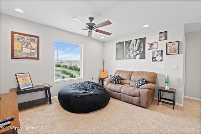 739 Fiddleleaf Cir, Melbourne, FL 32904 - living room with carpet flooring, a ceiling fan, and recessed lighting
