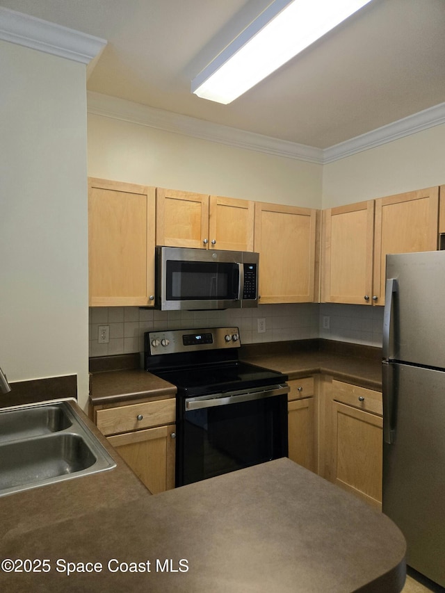 6470 Borasco Dr Unit 2102, Melbourne, FL 32940 - kitchen with stainless steel appliances, light brown cabinets, crown molding, tasteful backsplash, and dark countertops