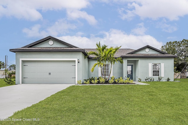 2206 Hialeah St, Palm Bay, FL 32907 - single story home with a garage, driveway, a front lawn, stucco siding, and roof with shingles