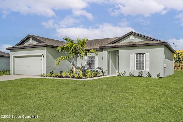 2206 Hialeah St, Palm Bay, FL 32907 - single story home featuring a front lawn, a garage, driveway, a shingled roof, and stucco siding
