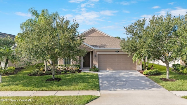 103 Amherst Ln, Sebastian, FL 32958 - obstructed view of property with stucco siding, a garage, driveway, a front lawn, and a shingled roof