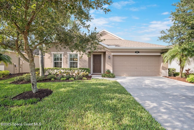 103 Amherst Ln, Sebastian, FL 32958 - ranch-style house with a garage, stucco siding, concrete driveway, and a front lawn