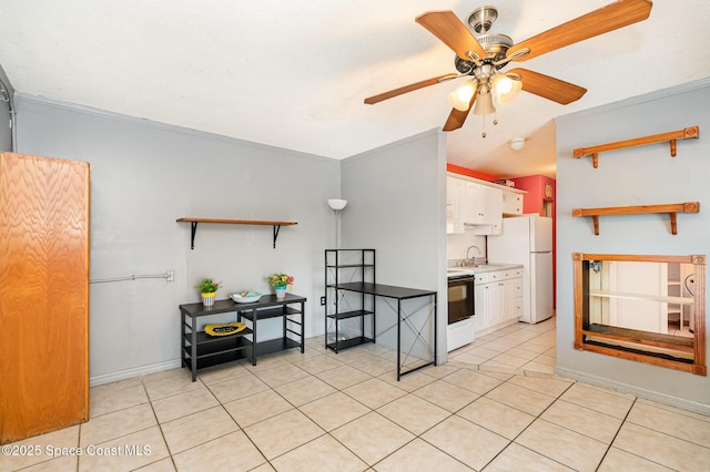 390 W Cocoa Beach Cswy Unit 11-2, Cocoa Beach, FL 32931 - kitchen featuring white appliances, open shelves, white cabinetry, ceiling fan, and lofted ceiling