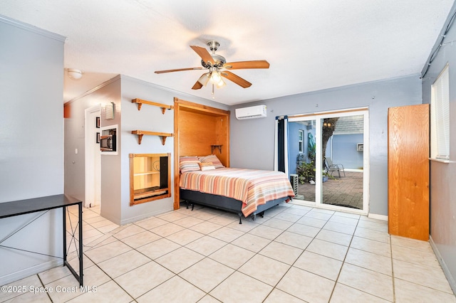 390 W Cocoa Beach Cswy Unit 11-2, Cocoa Beach, FL 32931 - bedroom with access to exterior, a wall unit AC, light tile patterned flooring, crown molding, and a ceiling fan