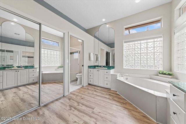 442 Carmel Dr, Melbourne, FL 32940 - full bathroom featuring a bath, two vanities, healthy amount of natural light, and recessed lighting