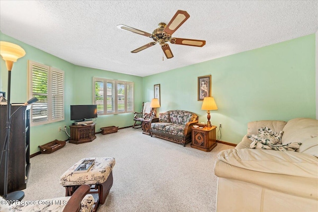 822 Berkshire Dr, Rockledge, FL 32955 - carpeted living room with a ceiling fan and a textured ceiling