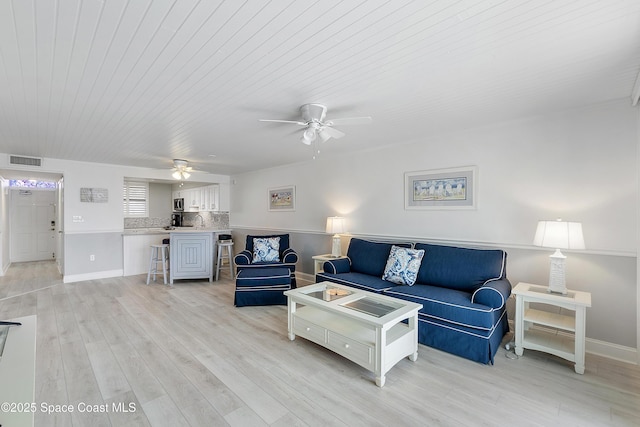 2101 S Atlantic Ave Unit 205, Cocoa Beach, FL 32931 - living room with a ceiling fan, light wood-style floors, and wooden ceiling