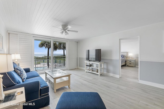 2101 S Atlantic Ave Unit 205, Cocoa Beach, FL 32931 - living room featuring a ceiling fan, light wood-style floors, and wooden ceiling