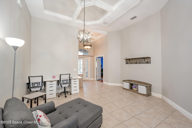 4333 Browning Ln, Rockledge, FL 32955 - living room featuring a high ceiling, coffered ceiling, light tile patterned floors, a chandelier, and an office area