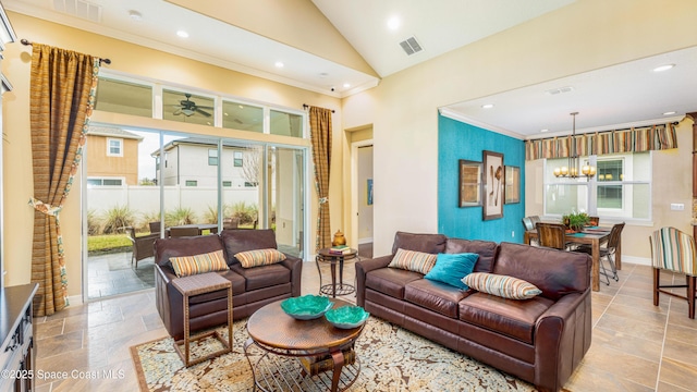 2683 Amati Dr, Kissimmee, FL 34741 - living area featuring crown molding, recessed lighting, a chandelier, ceiling fan, and high vaulted ceiling