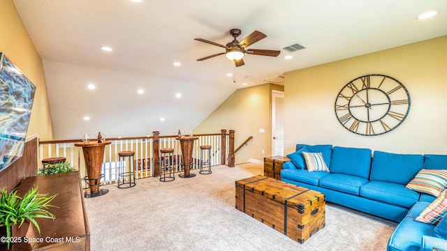 2683 Amati Dr, Kissimmee, FL 34741 - carpeted living area with ceiling fan, recessed lighting, vaulted ceiling, and a bar