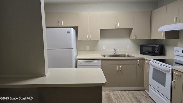 1820 Long Iron Dr Unit 525, Rockledge, FL 32955 - kitchen featuring white appliances, under cabinet range hood, light countertops, and light wood-type flooring