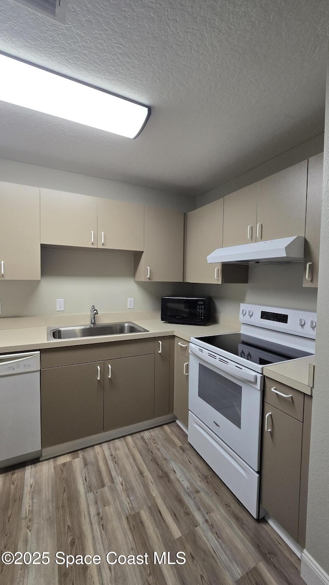1820 Long Iron Dr Unit 525, Rockledge, FL 32955 - kitchen with white appliances, under cabinet range hood, light wood-style floors, a textured ceiling, and light countertops