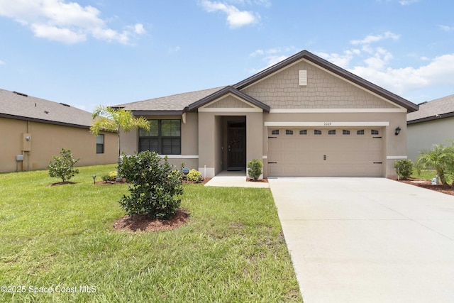 1669 Mineral Loop Dr NW, Palm Bay, FL 32907 - view of front of property featuring an attached garage, stucco siding, driveway, and a front yard