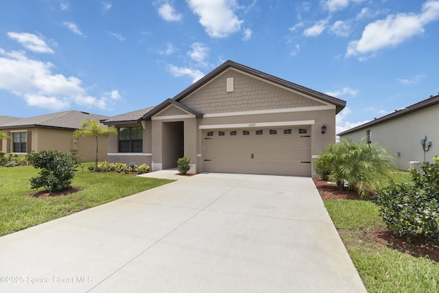 1669 Mineral Loop Dr NW, Palm Bay, FL 32907 - craftsman-style house with an attached garage, stucco siding, a front yard, and concrete driveway