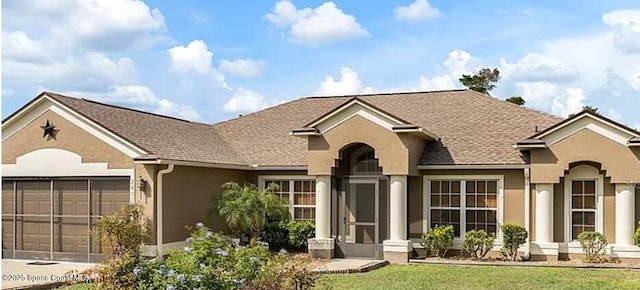 2450 Walkertown Ave, Deltona, FL 32725 - ranch-style home with stucco siding, a garage, a shingled roof, and driveway