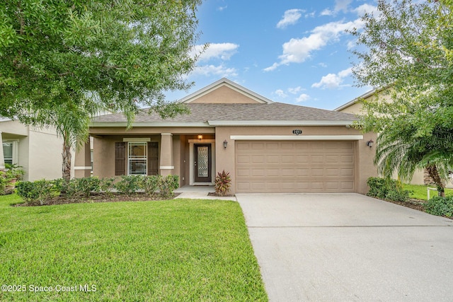 2097 Attilburgh Blvd, Melbourne, FL 32904 - view of front of house with stucco siding, a front yard, a garage, and concrete driveway