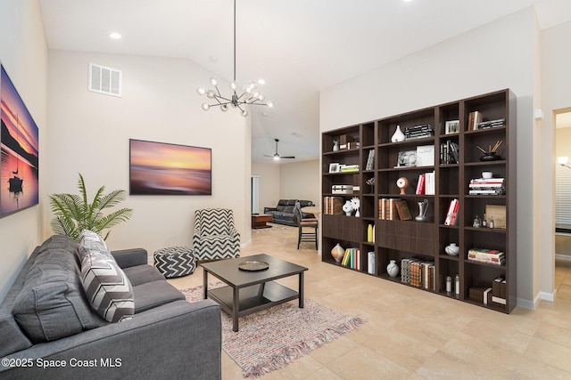 2097 Attilburgh Blvd, Melbourne, FL 32904 - living room featuring a chandelier, vaulted ceiling, recessed lighting, and a ceiling fan
