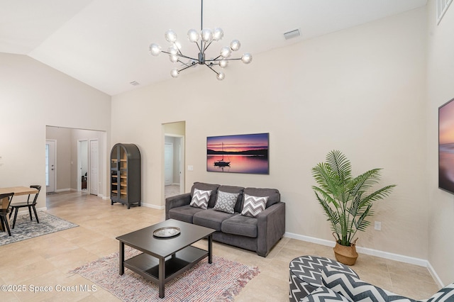 2097 Attilburgh Blvd, Melbourne, FL 32904 - living area with a chandelier, high vaulted ceiling, and light tile patterned flooring