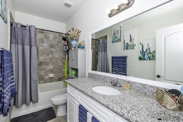 bathroom with toilet, visible vents, shower / tub combo with curtain, and vanity