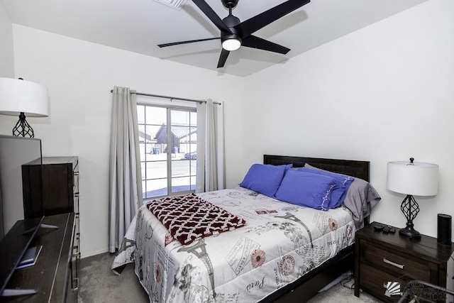 bedroom featuring ceiling fan and carpet flooring