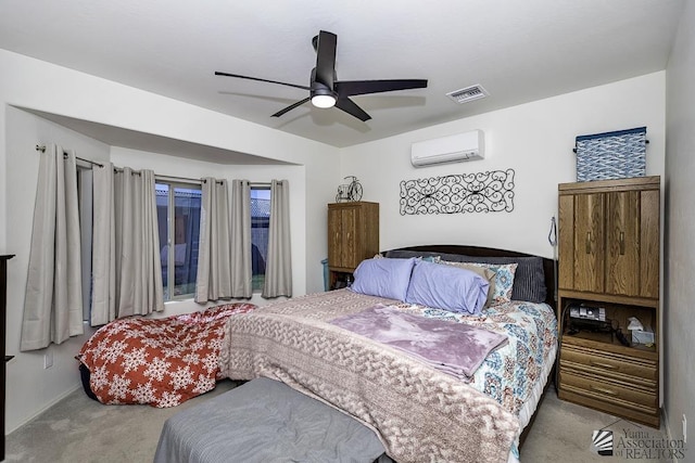 carpeted bedroom featuring ceiling fan, visible vents, and an AC wall unit