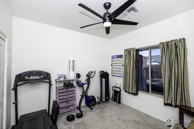 workout room featuring ceiling fan, carpet flooring, and visible vents