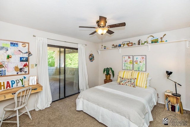 bedroom with carpet, access to outside, and a ceiling fan