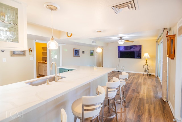 kitchen featuring light stone counters, dark wood-type flooring, a sink, and decorative light fixtures