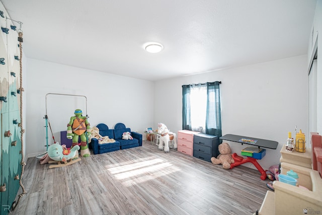 game room with hardwood / wood-style floors