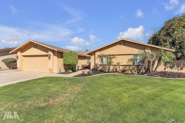 ranch-style house featuring a garage, a front yard, driveway, and stucco siding