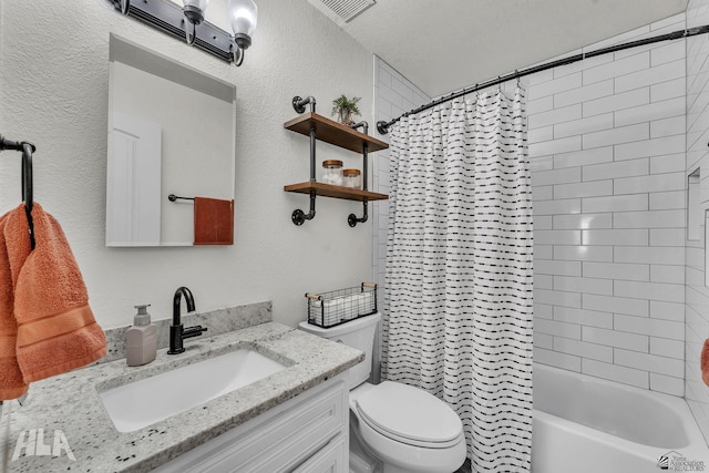 bathroom featuring visible vents, a textured wall, toilet, shower / bathtub combination with curtain, and vanity