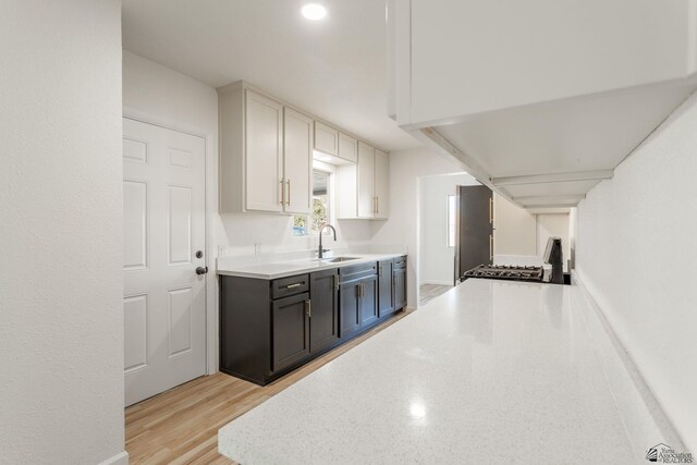 kitchen with white cabinets, light hardwood / wood-style flooring, and sink