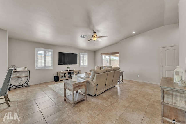 living room with visible vents, light tile patterned floors, baseboards, a ceiling fan, and vaulted ceiling