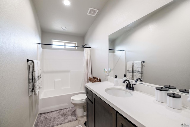 bathroom with toilet, vanity, shower / bath combination with curtain, and visible vents