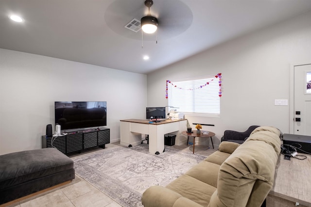 tiled living room featuring a ceiling fan, recessed lighting, visible vents, and vaulted ceiling