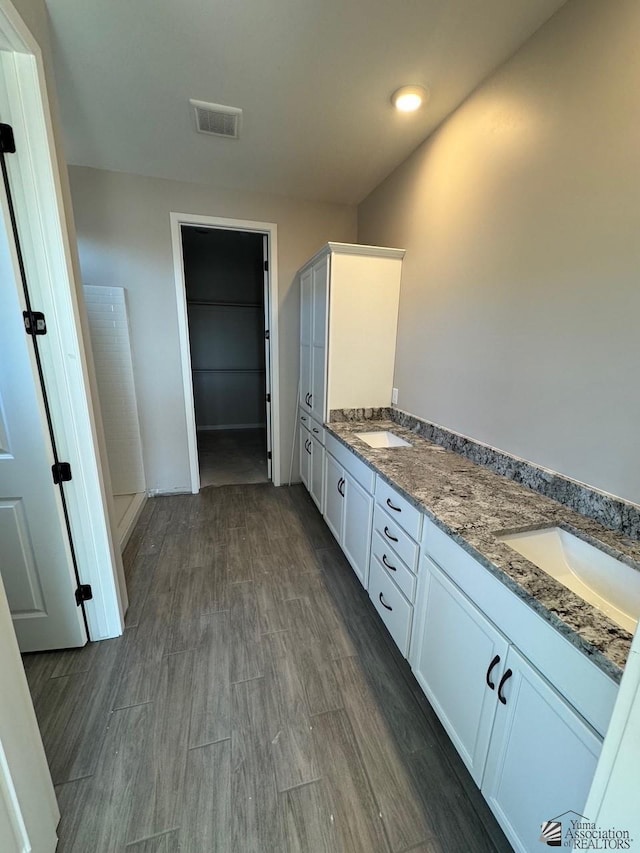 bathroom with hardwood / wood-style flooring and vanity