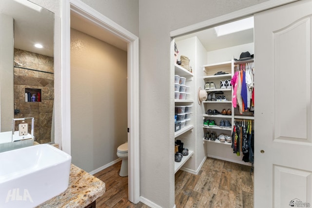 bathroom featuring wood-type flooring, toilet, and vanity