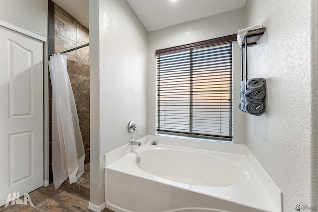 bathroom with curtained shower