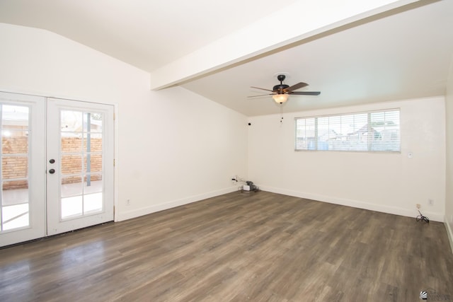 unfurnished room featuring baseboards, a ceiling fan, lofted ceiling with beams, dark wood-type flooring, and french doors