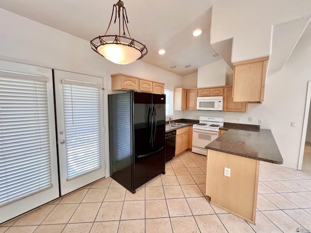 kitchen featuring light brown cabinets, sink, hanging light fixtures, kitchen peninsula, and black appliances