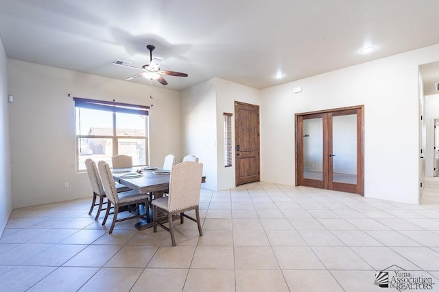 dining space featuring light tile patterned floors, ceiling fan, recessed lighting, visible vents, and french doors