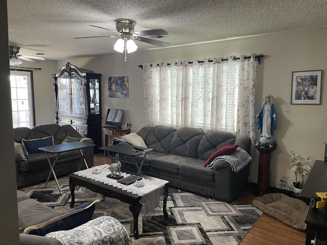 living room featuring ceiling fan, hardwood / wood-style floors, and a textured ceiling