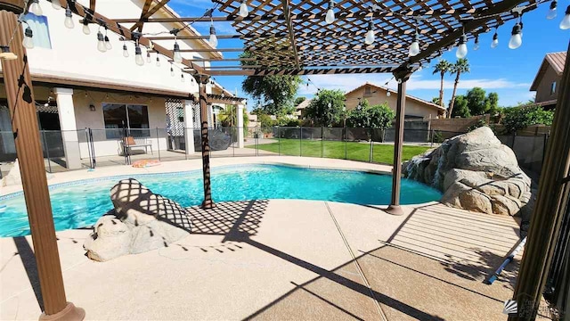 view of pool with a fenced backyard, a fenced in pool, a pergola, and a patio